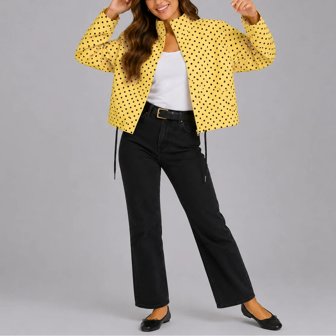 Sage | Women's Bomber Jacket Polka Dot Casual Playful Patterned Relaxed Soft Chic Everyday Autumn Winter Layering Statement