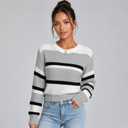 Vanessa | Women's Jumper Cropped Striped Round Neck Soft Knit Relaxed Cosy Warm Layering Chic Feminine Casual Everyday Autumn Winter