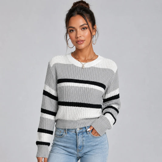 Vanessa | Women's Jumper Cropped Striped Round Neck Soft Knit Relaxed Cosy Warm Layering Chic Feminine Casual Everyday Autumn Winter