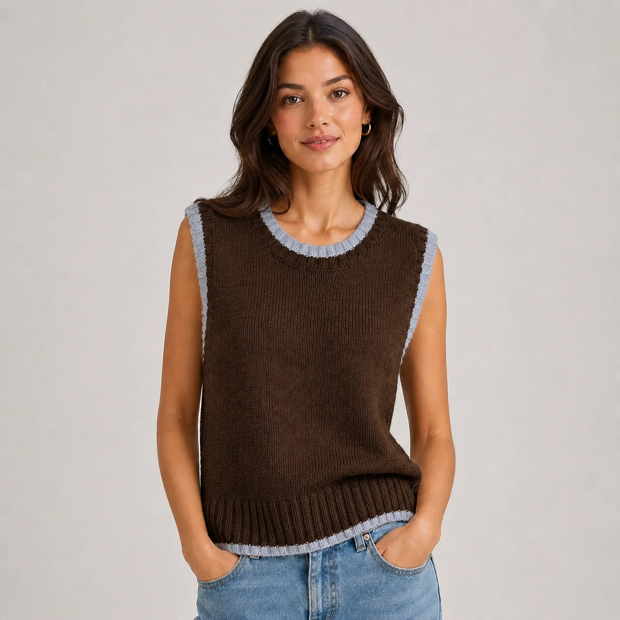 Tessa | Women's Vest Sweater Contrast Trim Round Neck Sleeveless Knit Soft Cosy Warm Layering Chic Feminine Casual Everyday Autumn