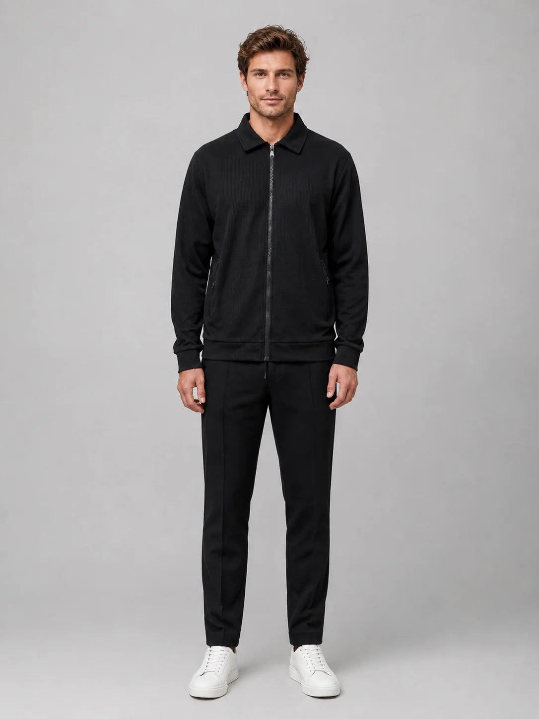 Amos | Men's Co-ord Set Zip Jacket Trousers Two-Piece Textured Smart Casual Coordinated Relaxed Refined Everyday Autumn Winter