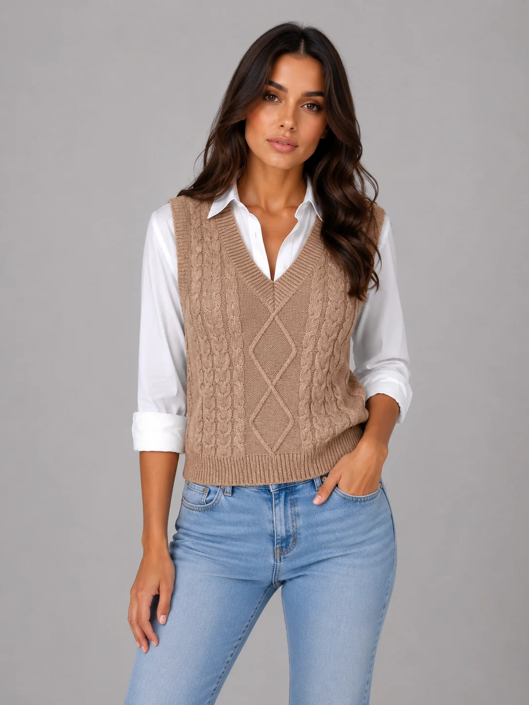 Rita | Women's Vest Sleeveless Cable-Knit V-Neck Waistcoat Soft Cosy Warm Layering Chic Feminine Casual Everyday Autumn Winter