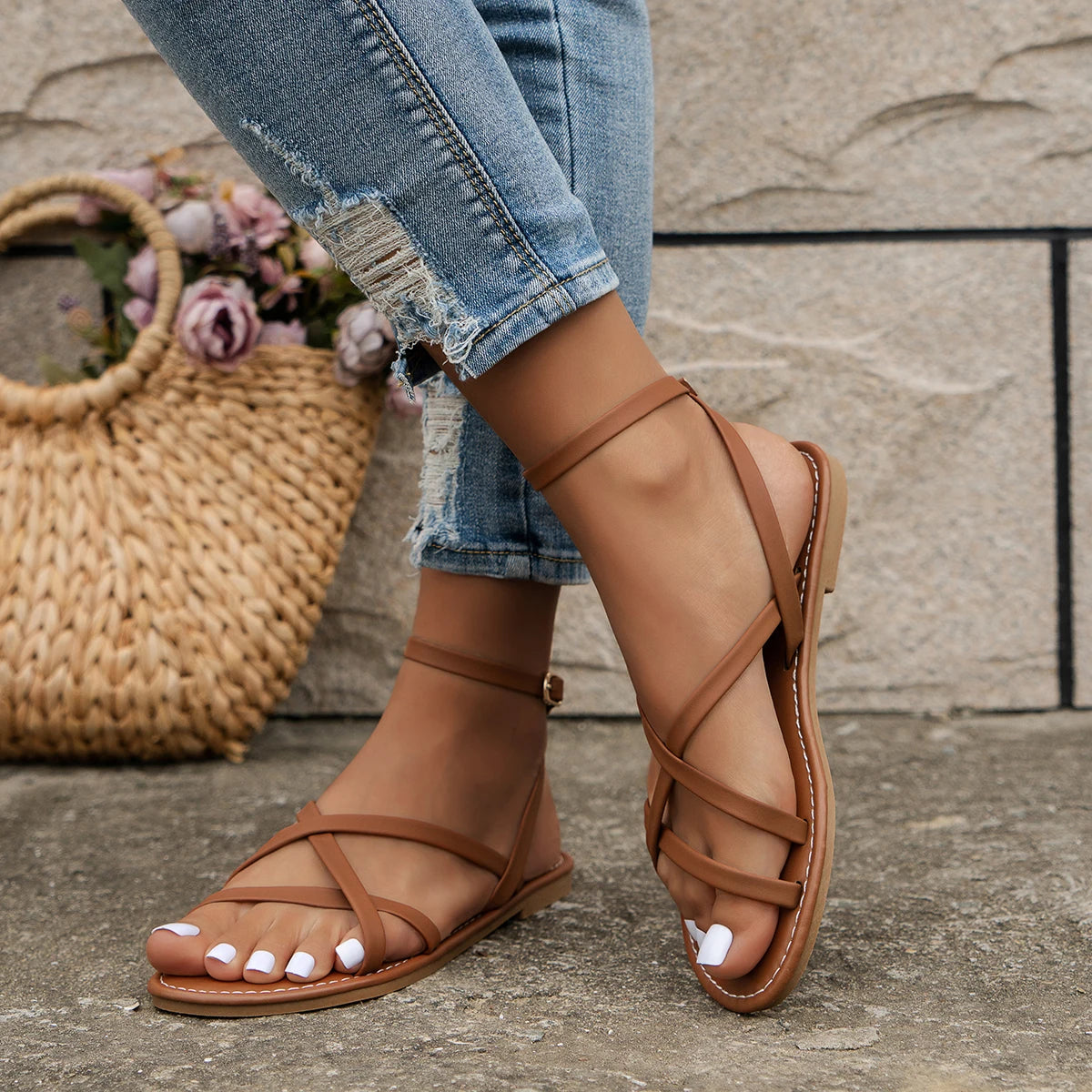 Women's Strappy Roman Sandals with Zip Back