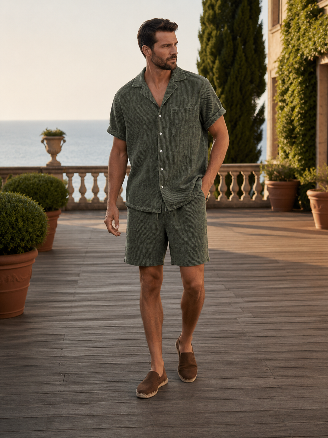 Men's Textured Short-Sleeve Shirt and Drawstring Shorts Set