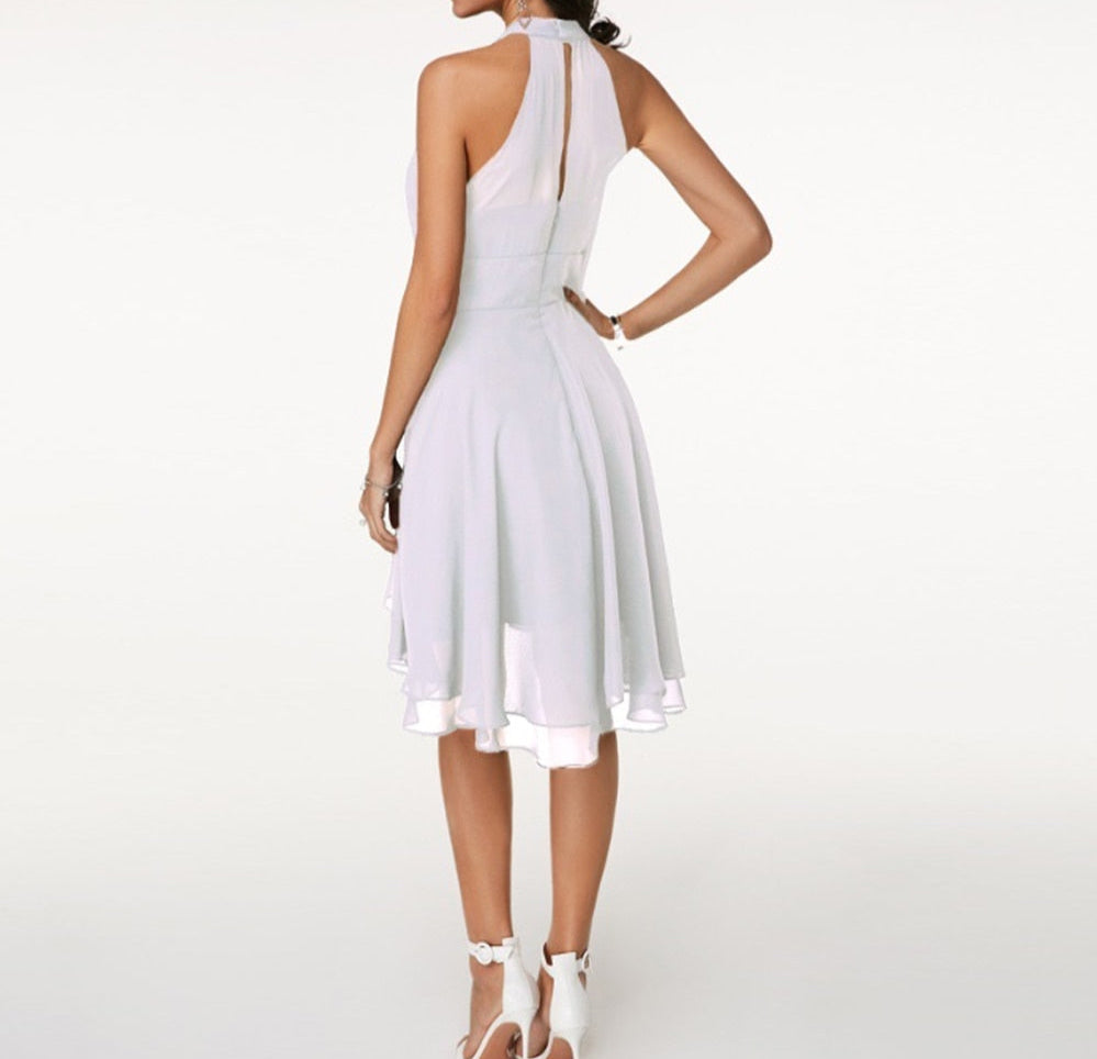 Women's Halter Neck Ruffle Flared Midi Dress