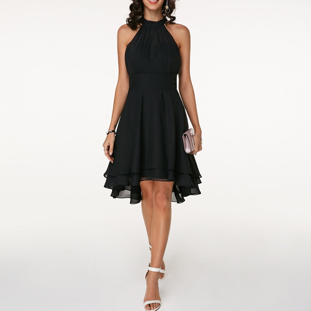 Women's Halter Neck Ruffle Flared Midi Dress