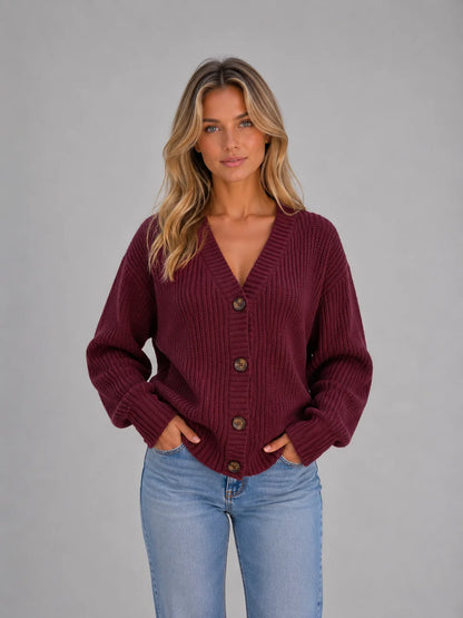 River | Women's Cardigan Chunky Knit Button Front V-Neck Soft Ribbed Cosy Warm Relaxed Layering Chic Feminine Casual Everyday