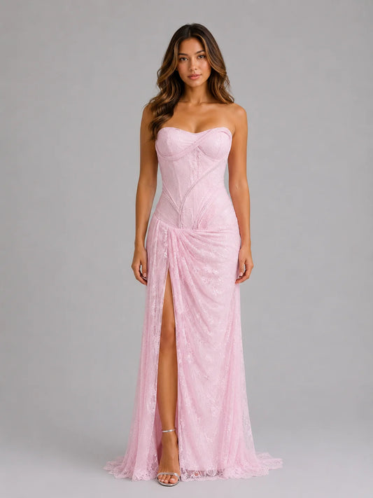 Paulina | Women's Maxi Dress Strapless Lace Corset Evening Gown Fitted Elegant Occasion Party Festive Feminine Formal Statement