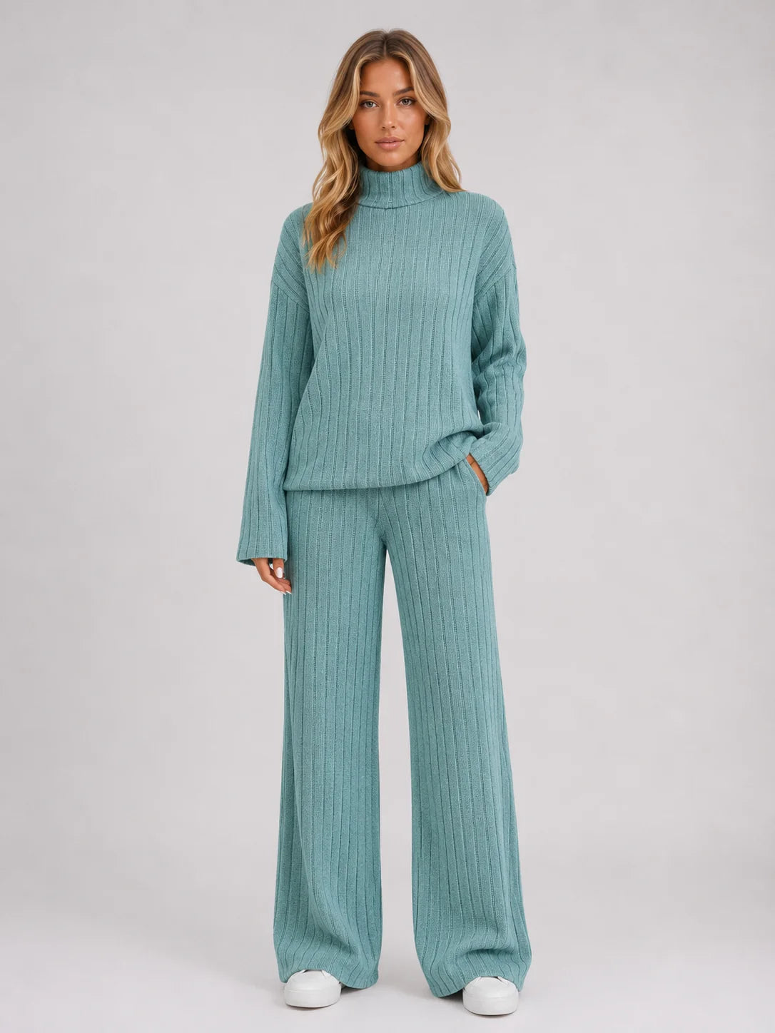 Louisa | Women's Lounge Set Ribbed Knit Roll Neck Jumper Wide-Leg Trousers Two-Piece Soft Cosy Warm Coordinated Relaxed Loungewear