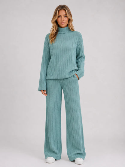 Louisa | Women's Lounge Set Ribbed Knit Roll Neck Jumper Wide-Leg Trousers Two-Piece Soft Cosy Warm Coordinated Relaxed Loungewear