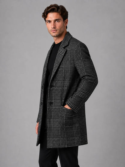 Amari | Men's Overcoat Tailored Longline Checked Single-Breasted Notch Lapel Structured Warm Smart Formal Business Occasion Autumn