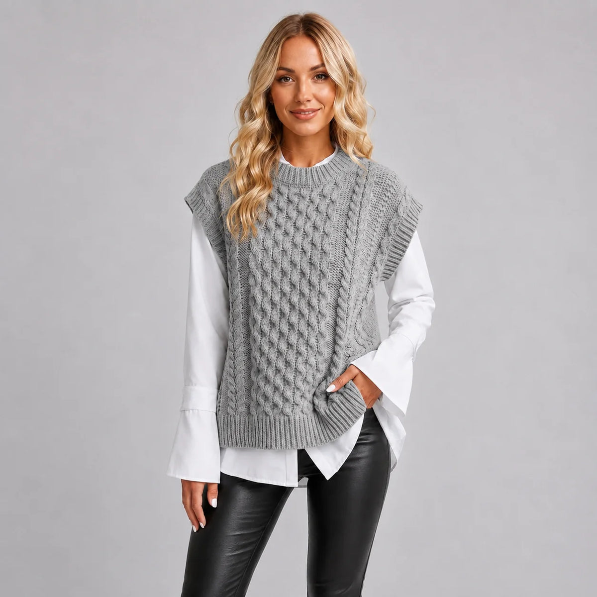 Valeria | Women's Vest Sweater Cable-Knit Round Neck Sleeveless Chunky Soft Cosy Warm Layering Chic Feminine Casual Everyday Autumn