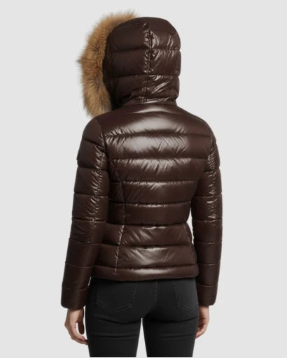 Nina | Women's Puffer Jacket Glossy Hooded Faux Fur Trim Padded Insulated Warm Cropped Casual Everyday Winter Outerwear Cosy