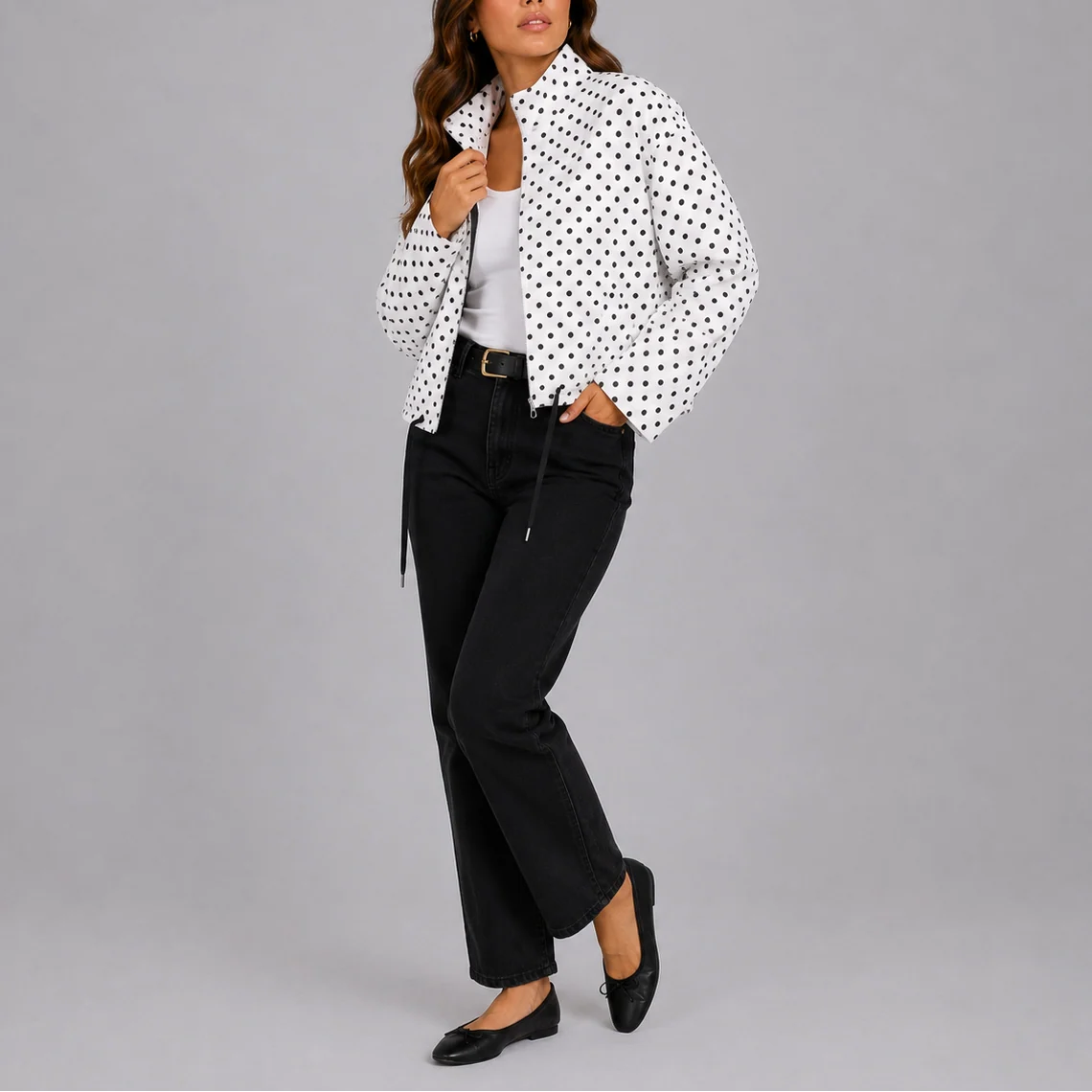 Sage | Women's Bomber Jacket Polka Dot Casual Playful Patterned Relaxed Soft Chic Everyday Autumn Winter Layering Statement