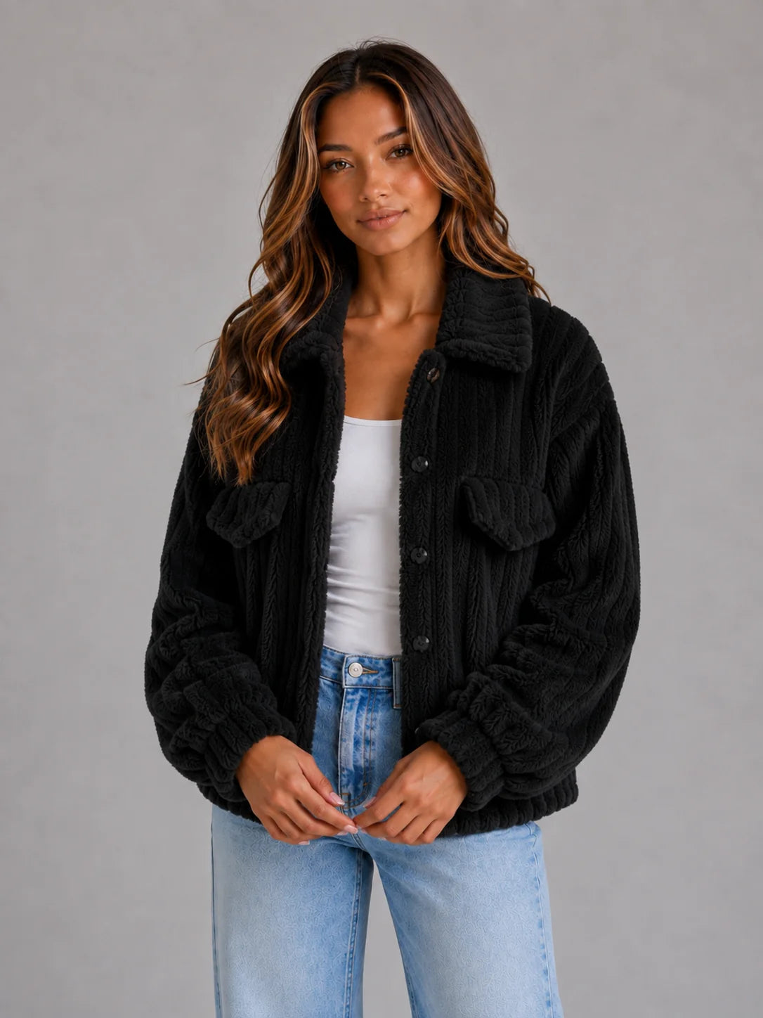 Lorelei | Women's Teddy Jacket Plush Button-Up Collared Fleece Sherpa Soft Cosy Warm Layering Chic Feminine Casual Everyday Autumn