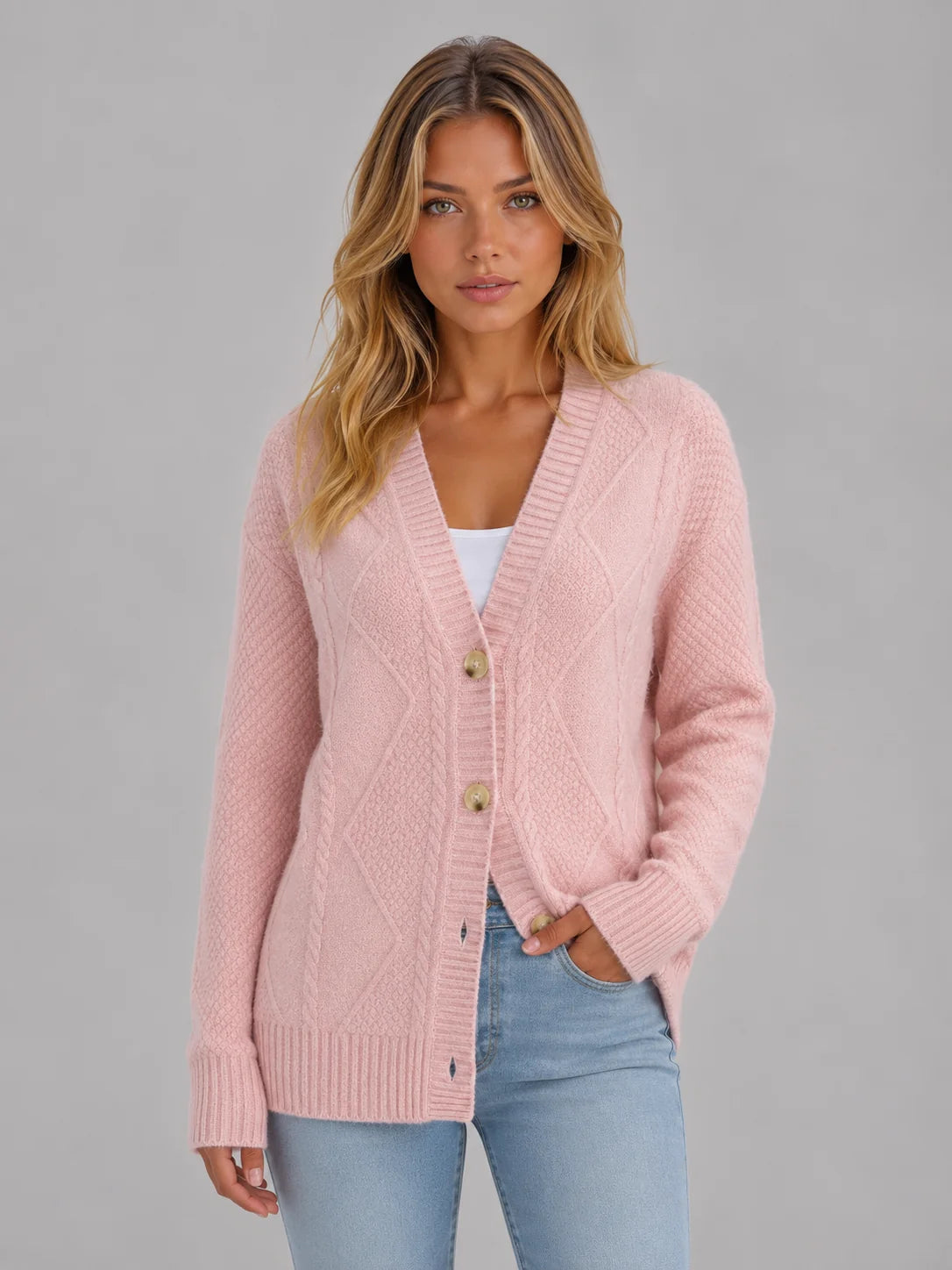 Rhea | Women's Cardigan Cable-Knit Soft V-Neck Button-Up Cosy Warm Relaxed Layering Chic Feminine Casual Everyday Autumn Winter