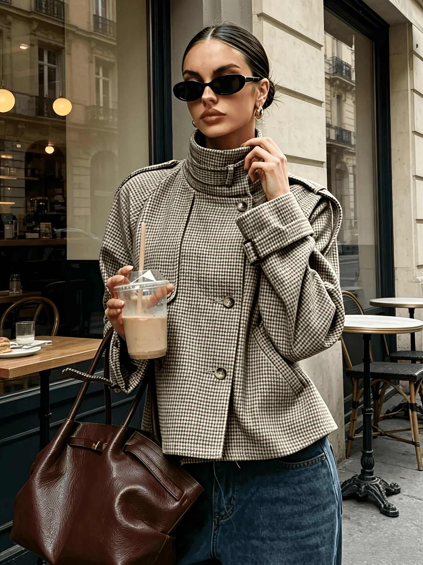 Kyra | Women's Jacket Stand Collar Houndstooth Structured Tailored Patterned Warm Smart Occasion Everyday Autumn Winter Statement