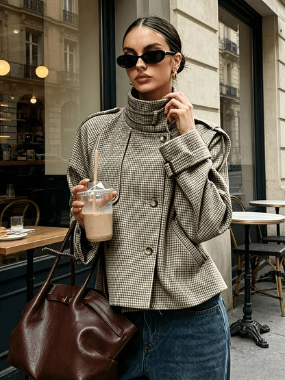 Kyra | Women's Jacket Stand Collar Houndstooth Structured Tailored Patterned Warm Smart Occasion Everyday Autumn Winter Statement