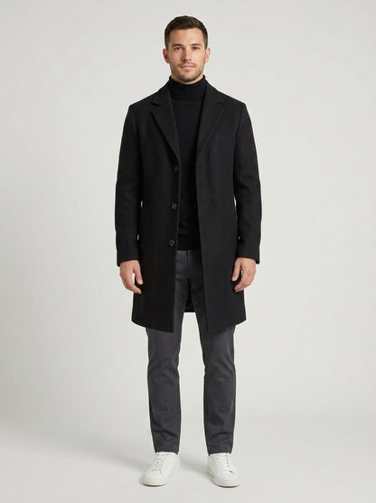 James | Men's Wool Coat Tailored Long Structured Below-Knee Single-Breasted Smart Formal Business Everyday Winter - Front [Lystr 6a7e307f9d1b0a17cf148b99:front]