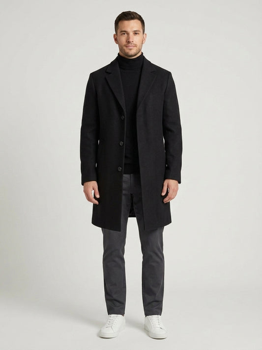 James | Men's Wool Coat Tailored Long Structured Below-Knee Single-Breasted Smart Formal Business Everyday Winter - Front [Lystr 6a7e307f9d1b0a17cf148b99:front]