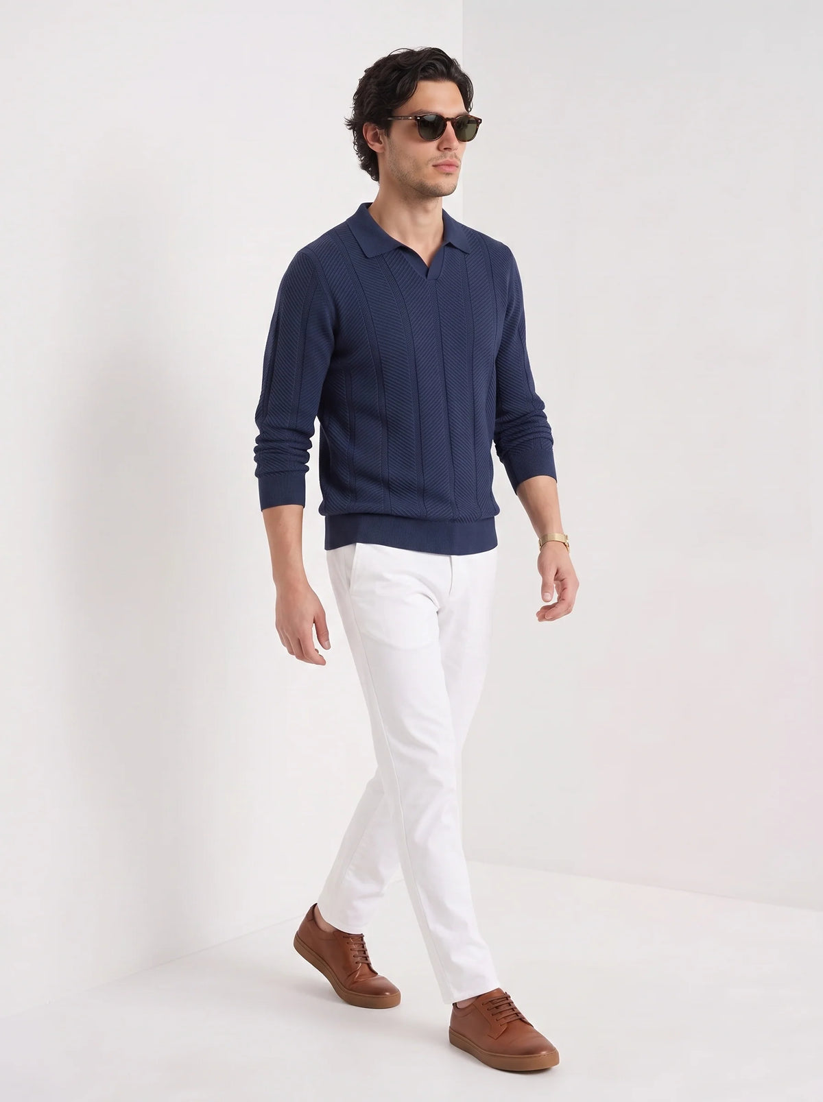 Augustus | Men's Polo Sweater Textured Cotton Long-Sleeve Knit Collared Soft Warm Refined Smart Casual Everyday Layering Autumn
