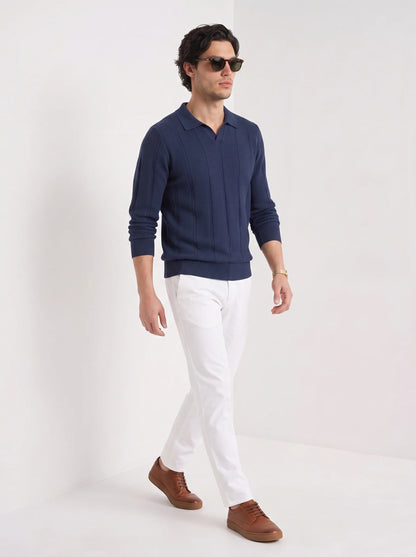 Augustus | Men's Polo Sweater Textured Cotton Long-Sleeve Knit Collared Soft Warm Refined Smart Casual Everyday Layering Autumn