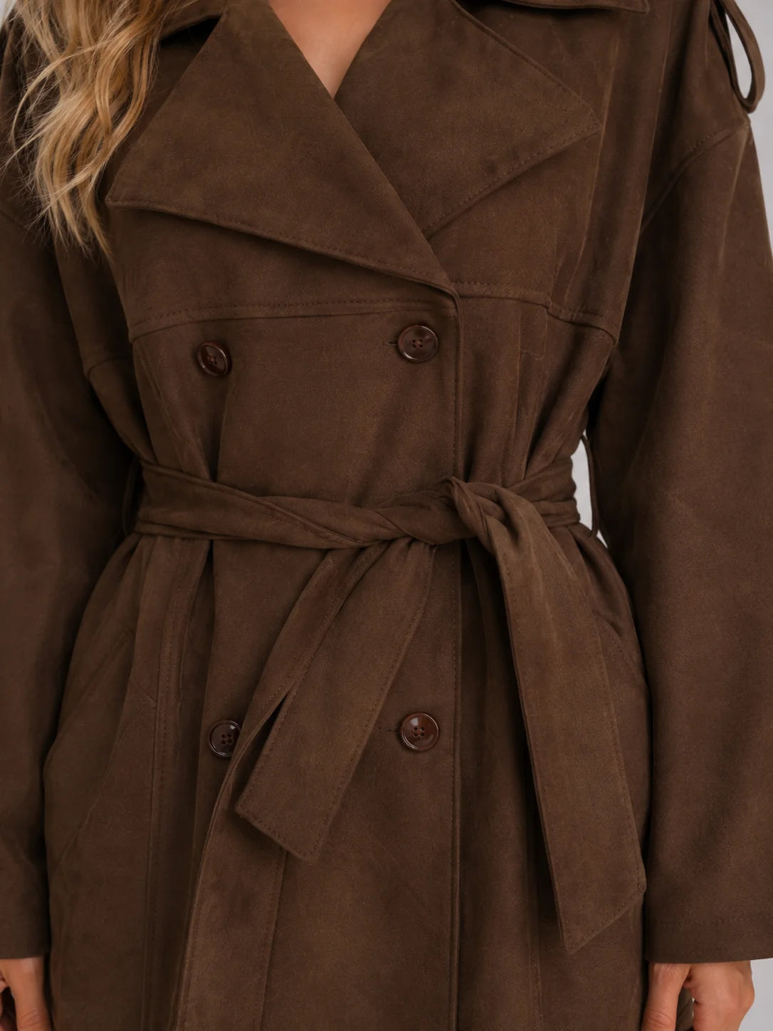 Raven | Women's Trench Coat Suede Look Belted Long Double-Breasted Structured Warm Smart Occasion Everyday Autumn Winter Statement
