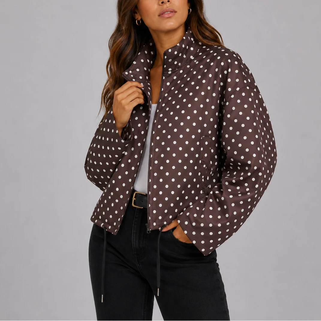 Sage | Women's Bomber Jacket Polka Dot Casual Playful Patterned Relaxed Soft Chic Everyday Autumn Winter Layering Statement