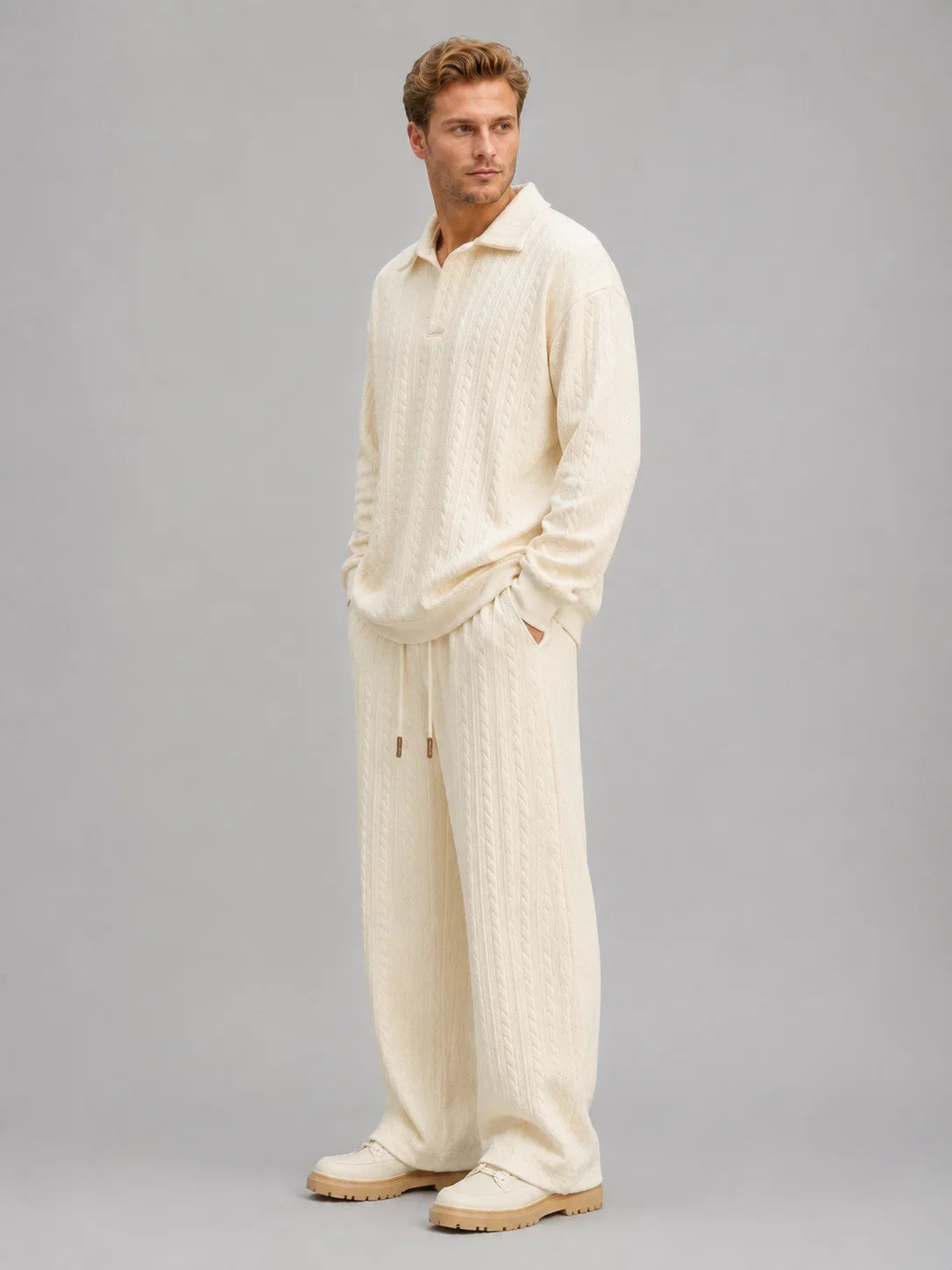Anderson | Men's Co-ord Set Cable-Knit Collared Top Wide-Leg Trousers Two-Piece Textured Soft Warm Coordinated Refined Everyday