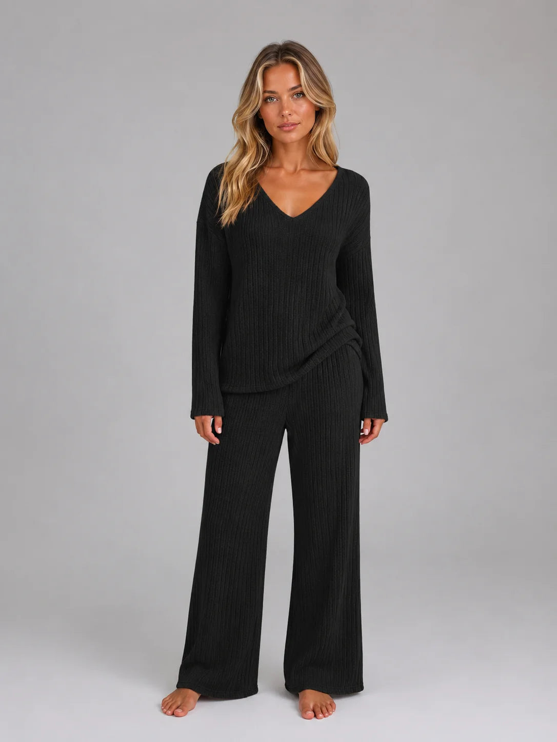 Rosemary | Women's Lounge Set Ribbed Knit V-Neck Jumper Wide-Leg Trousers Two-Piece Soft Cosy Warm Coordinated Comfort Loungewear