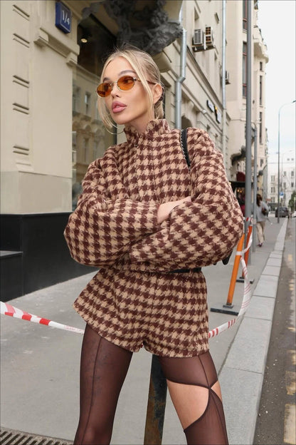 Kamryn | Women's Co-ord Set Houndstooth Zip Jacket Shorts Two-Piece Structured Patterned Chic Autumn Coordinated Statement