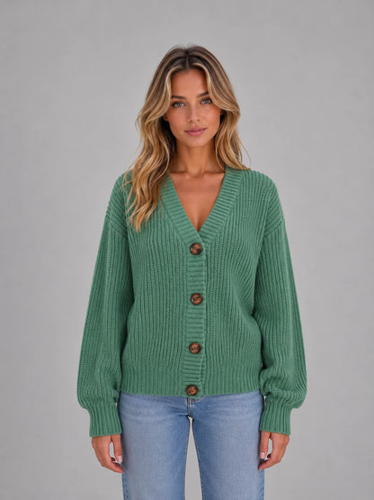 River | Women's Cardigan Chunky Knit Button Front V-Neck Soft Ribbed Cosy Warm Relaxed Layering Chic Feminine Casual Everyday