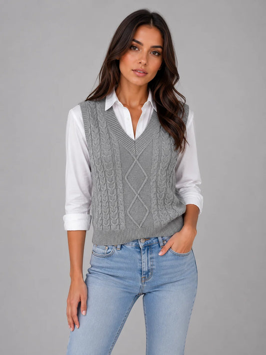 Rita | Women's Vest Sleeveless Cable-Knit V-Neck Waistcoat Soft Cosy Warm Layering Chic Feminine Casual Everyday Autumn Winter