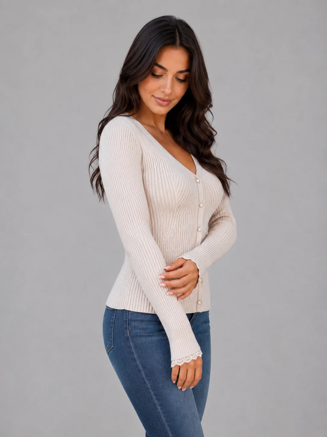 Priscilla | Women's Cardigan Ribbed Knit V-Neck Button-Up Soft Cosy Warm Relaxed Layering Chic Feminine Casual Everyday Autumn