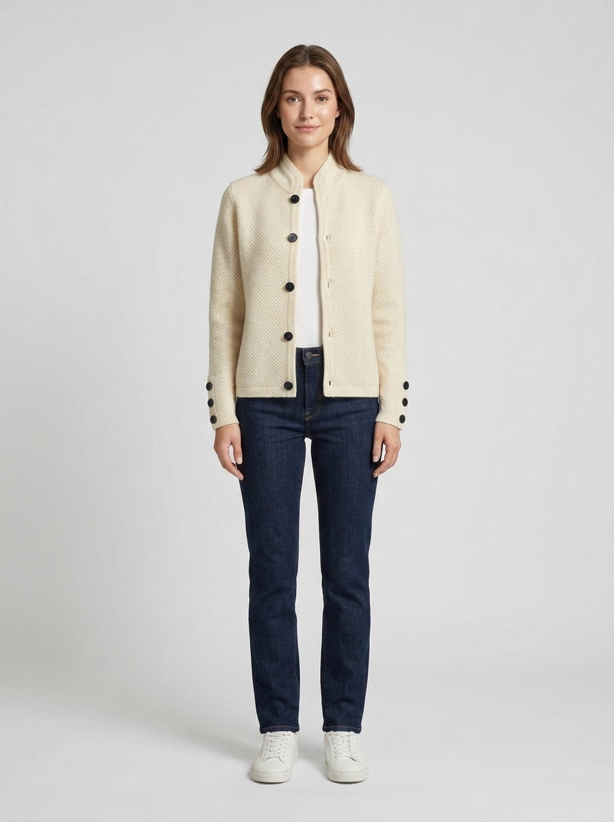Sienna | Women's Cardigan Stand Collar Button-Front Knit Long - Front [Lystr 6a7ef45d0a1912fe6f7813ab:front]