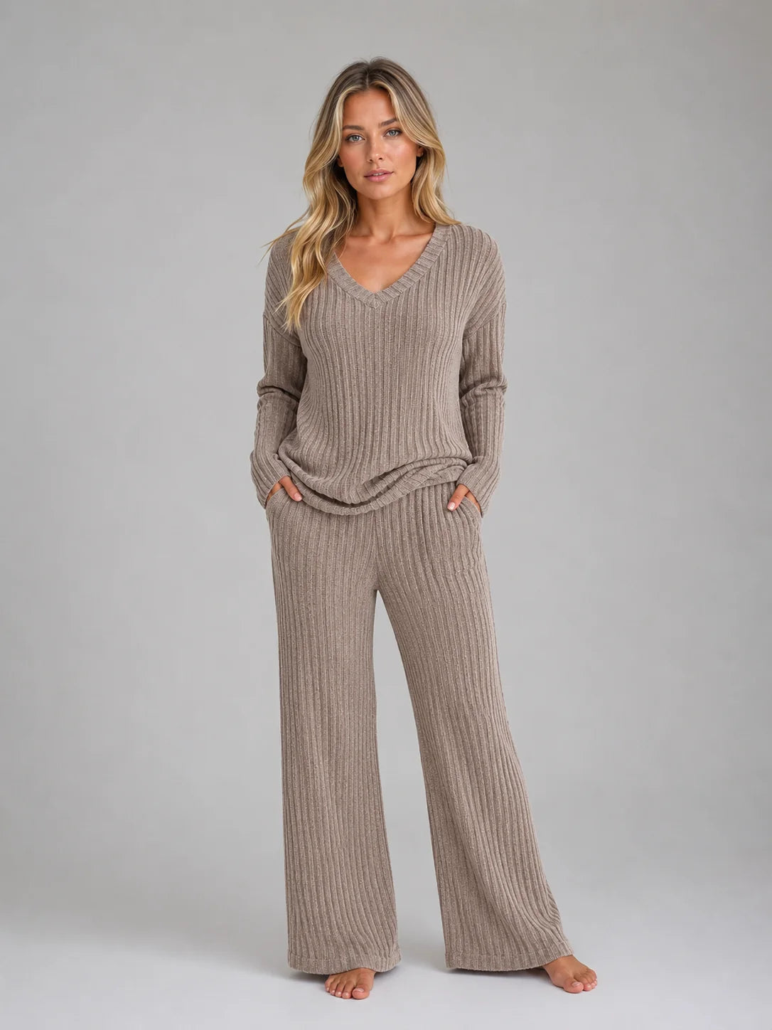 Rosemary | Women's Lounge Set Ribbed Knit V-Neck Jumper Wide-Leg Trousers Two-Piece Soft Cosy Warm Coordinated Comfort Loungewear