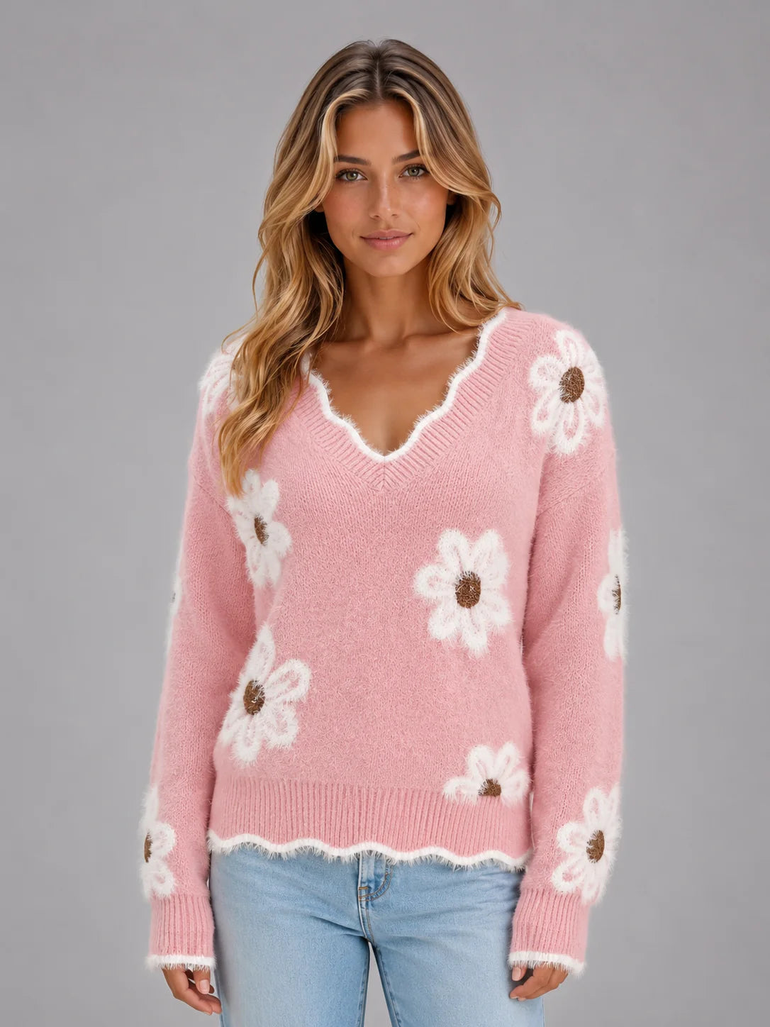Robin | Women's Sweater Floral V-Neck Soft Knit Casual Pullover Feminine Cosy Warm Relaxed Layering Chic Everyday Autumn Winter