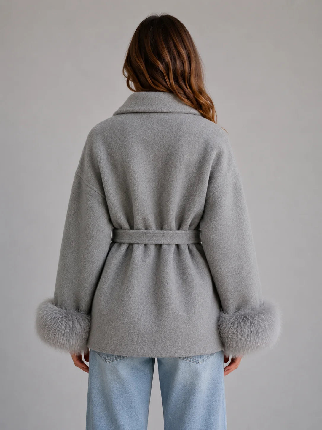 Livia | Women's Wool Coat Belted Wool-Blend Faux Fur Trim Wrap Shawl Collar Warm Tailored Elegant Occasion Everyday Autumn Winter