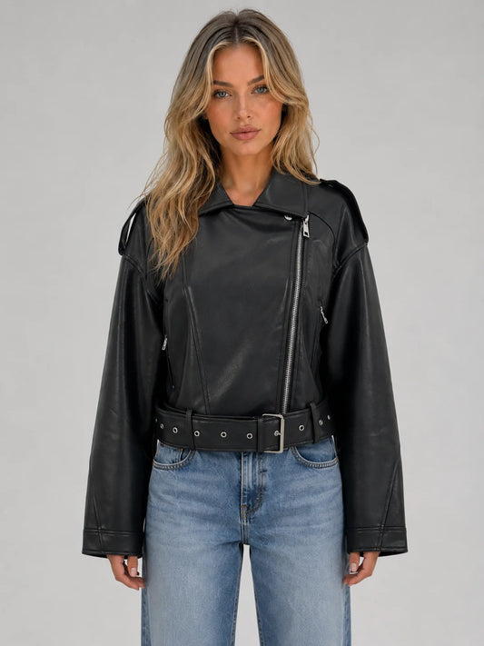 Raina | Women's Jacket Leather Look Biker Relaxed Fit Belted Moto Structured Edgy Chic Casual Everyday Autumn Winter Layering