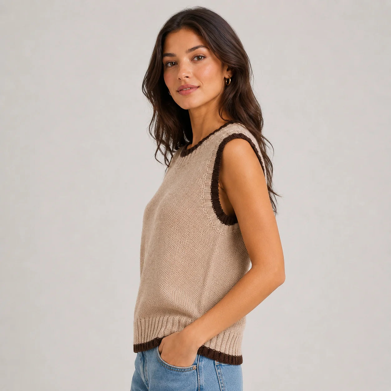 Tessa | Women's Vest Sweater Contrast Trim Round Neck Sleeveless Knit Soft Cosy Warm Layering Chic Feminine Casual Everyday Autumn