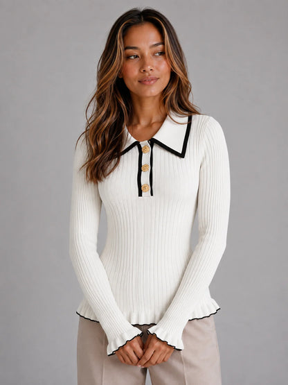 Presley | Women's Sweater Ribbed Knit Polo Long-Sleeve Fitted Soft Warm Layering Chic Feminine Casual Everyday Autumn Winter