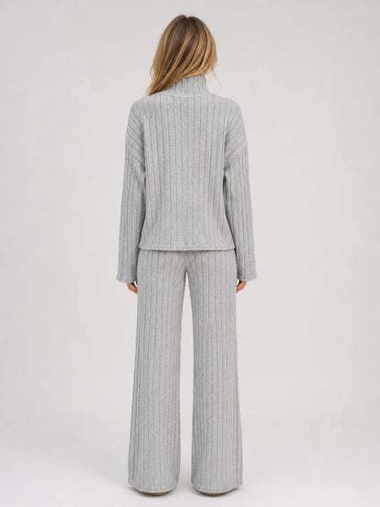 Louisa | Women's Lounge Set Ribbed Knit Roll Neck Jumper Wide-Leg Trousers Two-Piece Soft Cosy Warm Coordinated Relaxed Loungewear