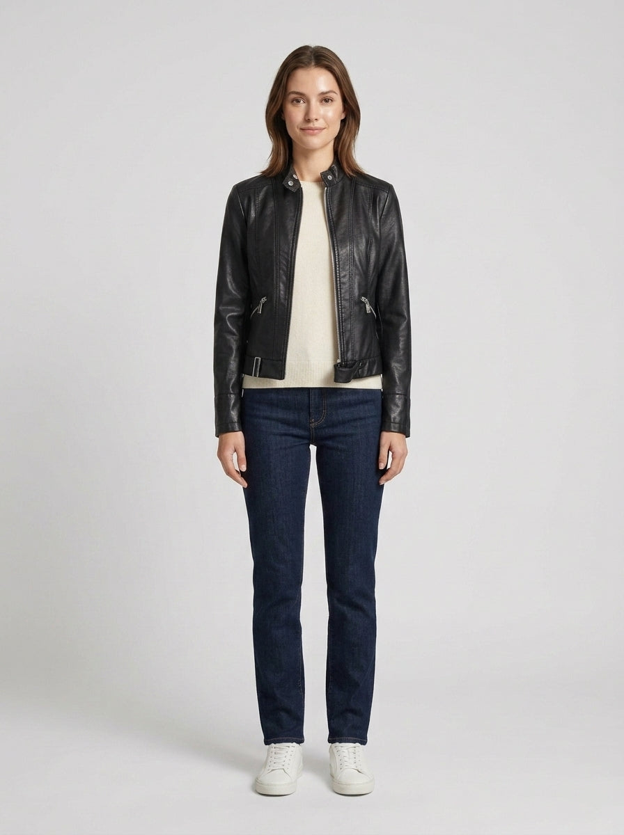Karla | Women's Leather Jacket Elegant Slim Fit Stand Collar Zip Front Refined Structured Smart Occasion Everyday Autumn Winter - Front [Lystr 6a84a16f8dc0052d69880c55:front]