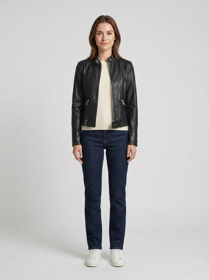 Karla | Women's Leather Jacket Elegant Slim Fit Stand Collar Zip Front Refined Structured Smart Occasion Everyday Autumn Winter - Front [Lystr 6a84a16f8dc0052d69880c55:front]