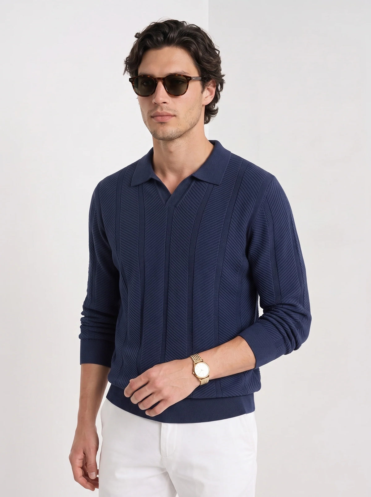 Augustus | Men's Polo Sweater Textured Cotton Long-Sleeve Knit Collared Soft Warm Refined Smart Casual Everyday Layering Autumn