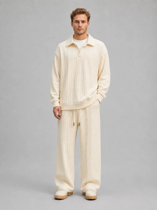 Anderson | Men's Co-ord Set Cable-Knit Collared Top Wide-Leg Trousers Two-Piece Textured Soft Warm Coordinated Refined Everyday