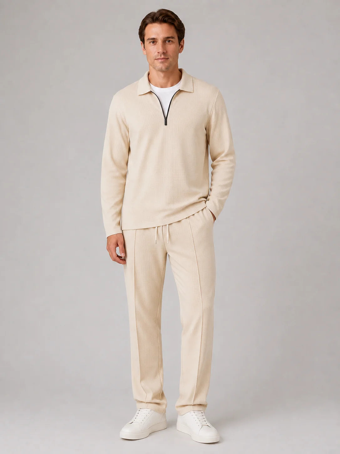 Andre | Men's Co-ord Set Quarter-Zip Polo Trousers Two-Piece Textured Smart Casual Coordinated Refined Relaxed Everyday Autumn