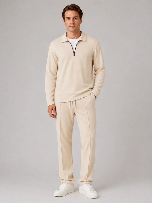 Andre | Men's Co-ord Set Quarter-Zip Polo Trousers Two-Piece Textured Smart Casual Coordinated Refined Relaxed Everyday Autumn