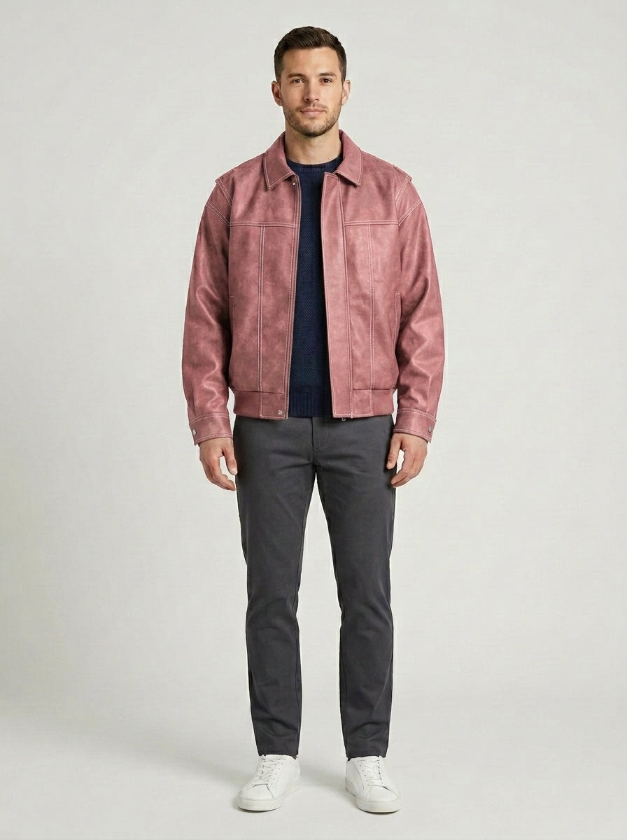 Andres | Men's Jacket Faux Leather Flap Collar Zip Pockets Structured Refined Smart Casual Everyday Autumn Winter Layering - Pink Front [Lystr 6a855a04ca0d7180bd88d2d3:pink:front]