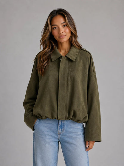 London | Women's Bomber Jacket Suede Look Oversized Collared Zip Soft Relaxed Casual Everyday Autumn Winter Layering Statement
